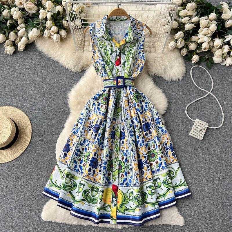 

Spring and Summer New Arrival Palace Style Sleeveless Lapel and Waist Tight Western Style Slimming Fashion Print Mid Length Long Length Dress Fashion Color L