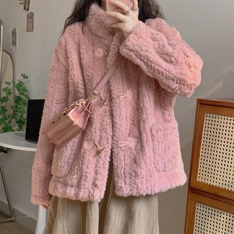 Lamb Wool Coat Women Winter Thick Imitation Otter Rabbit Hair Loose Plush Horn Buckle Round Collar W All-match Student