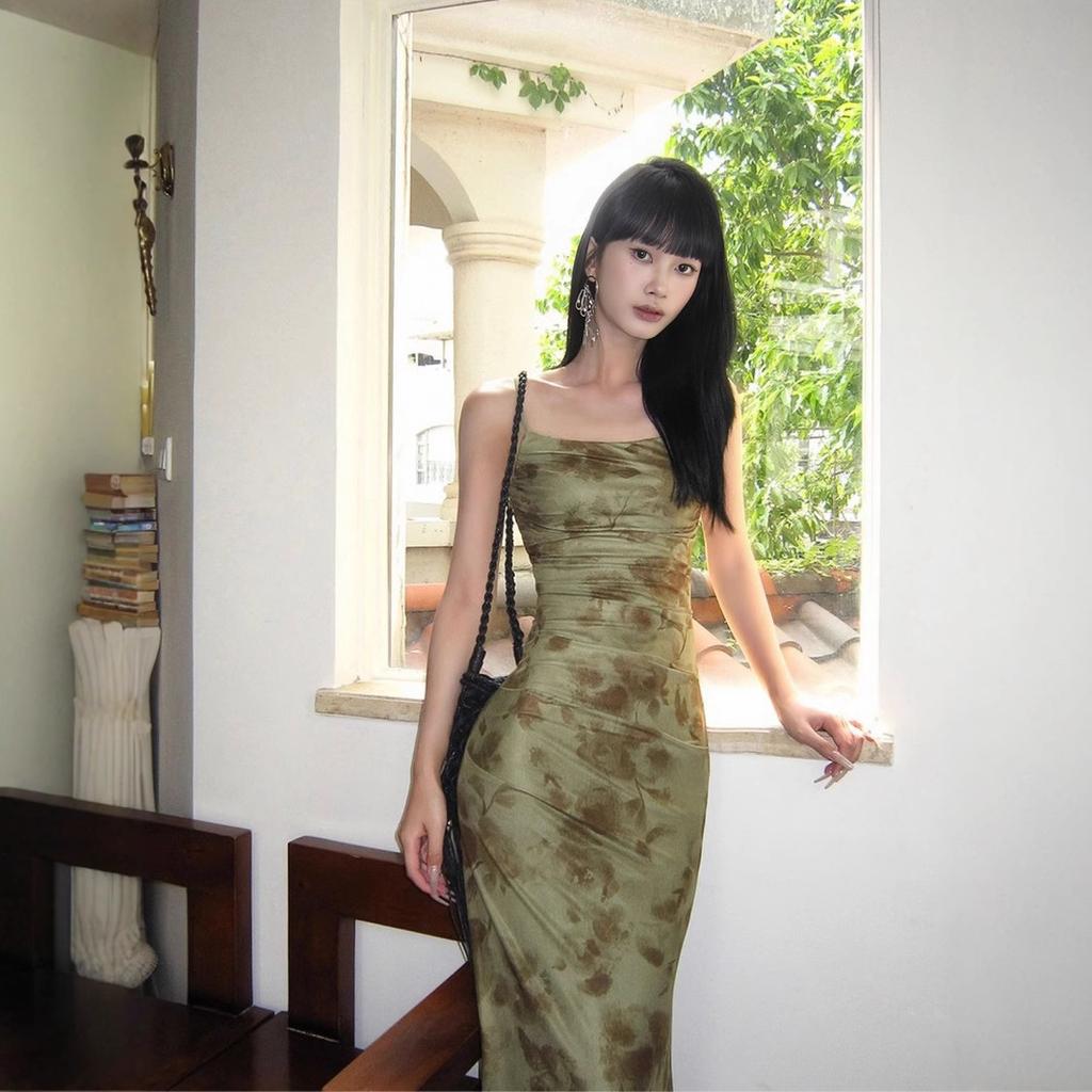 New Chinese-style Green Mesh Yarn Floral Suspender Dress Women's Summer Design High-end Temperament Waist-wrapped Hips Fishtail Dress