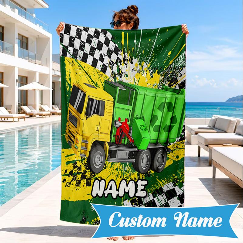 Personalisierbares Strandtuch mit Cartoon-Bagger, Mikrofaser-Strandtuch, Leicht und Schnelltrocknend, für Sommerreisen, Schwimmbad-Geschenk