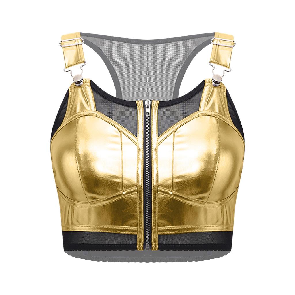 Dames Punk Stijl Crop Tanktop Metaalachtig Glanzend Doorzichtig Mesh Patchwork Verstelbare Bandjes Rits aan de Voorkant Cutout Vest