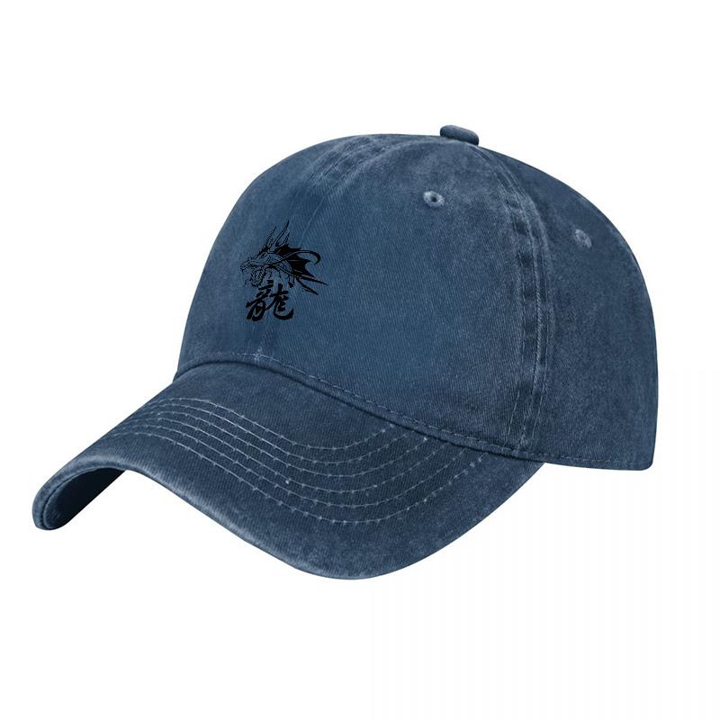 Dragon Embroidered Washed Cotton Baseball Cap Classic Black Adjustable Hat with Chinese Symbol Design for Unisex and Women