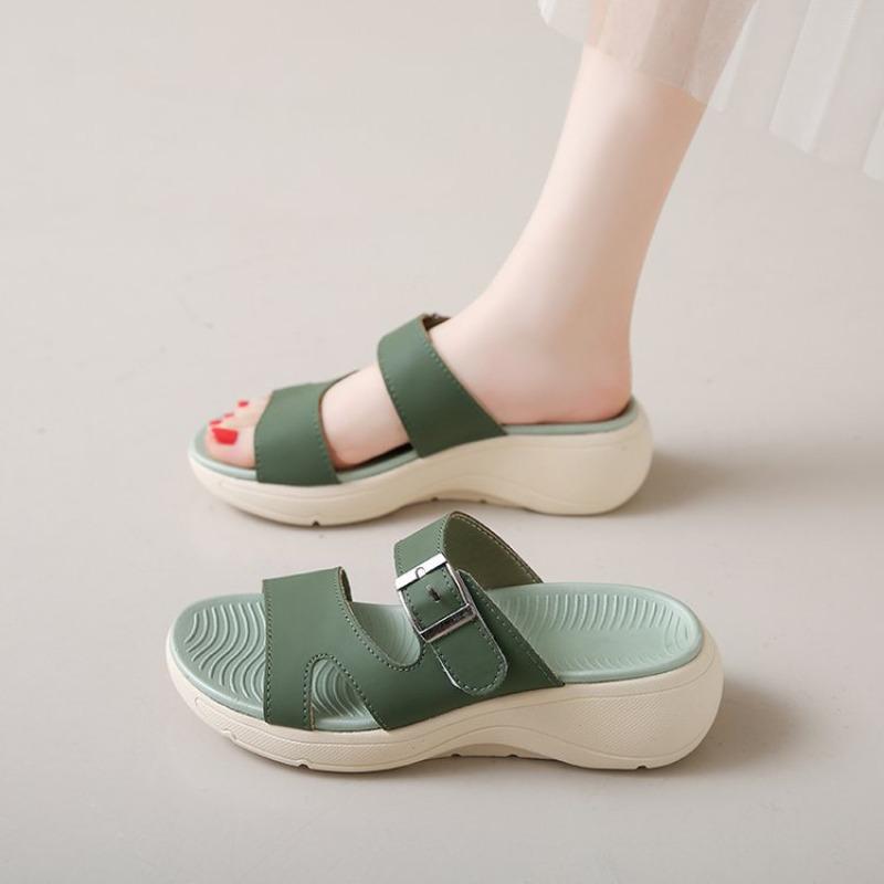 Thick-soled Slippers Women's Summer Simple Round Head Outer Wear Belt Buckle Slope Heel Sandals Casual Soft Bottom One-word