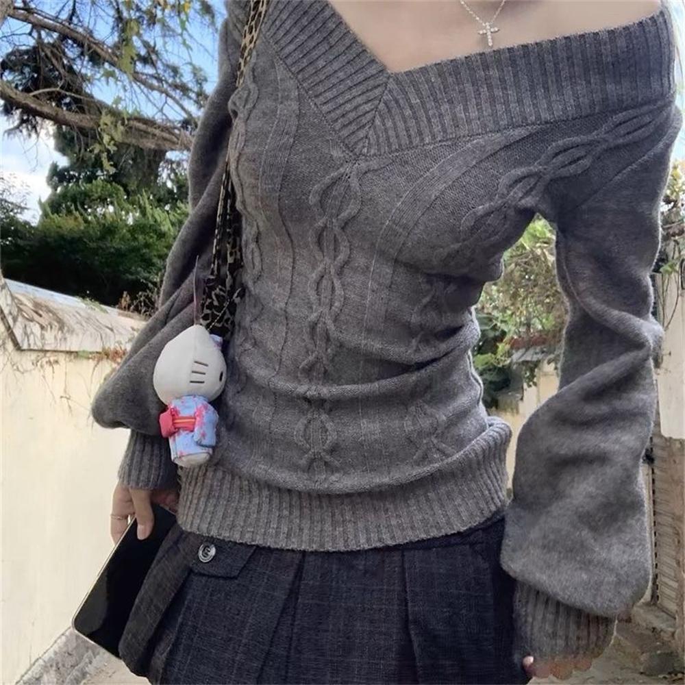 Moda Vintage Scollo a V Lavorato a Maglia Donna Inizio Autunno Nuovi Maglioni Pullover Manica Lunga Aderenti Pullover Sexy Grigio