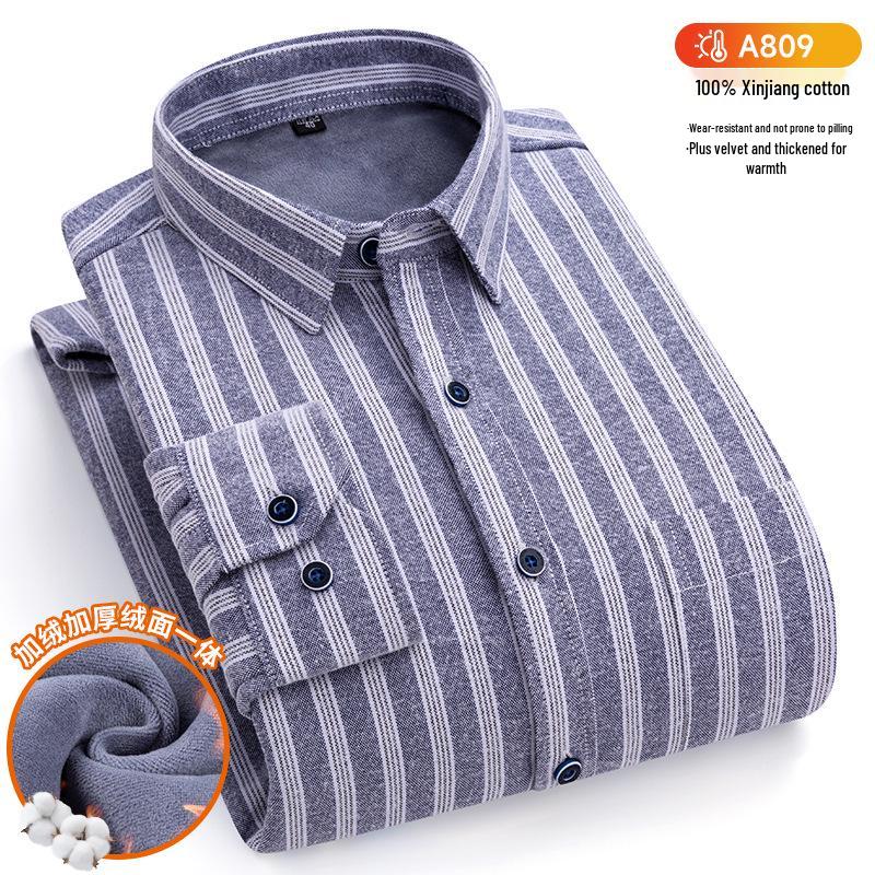 New Plus Size Velvet-Lined Men's Pure Cotton Plaid Shirt - Warm, Thickened for Autumn/Winter Cold Protection