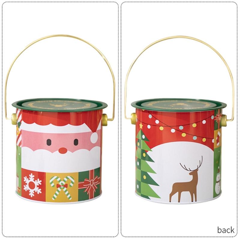 Pack Of 2 Christmas Treat Boxes with Handle Handheld Round Bucket Tinplate Sweets Cookie Container for Party Use