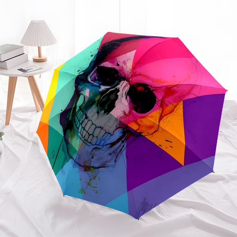 1pc Skull Spectrum Automatic Folding Umbrella, Sturdy And Durable Automatic Folding Umbrella with 8 Ribs, Convenient for Outdoor Use047