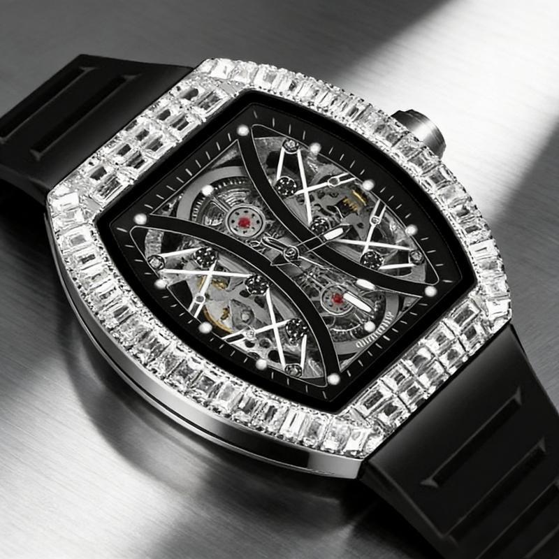 Top Brand Men's Automatic Mechanical Watch Fashion Tonneau Case Luminous Pointer Diamond Skeleton Watch