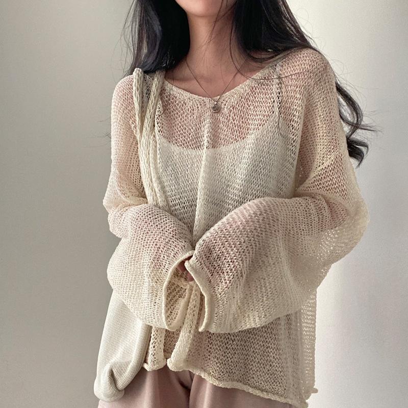 Damen Sommer Retro Locker Langarm Aushöhlen Dünnes Strickoberteil