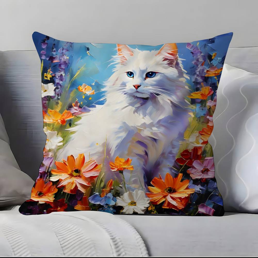 Cute Oil Painting Colorful Cat Pillow Case Pillowcase Soft Skin Friendly & Comfortable With A Hidden Zipper