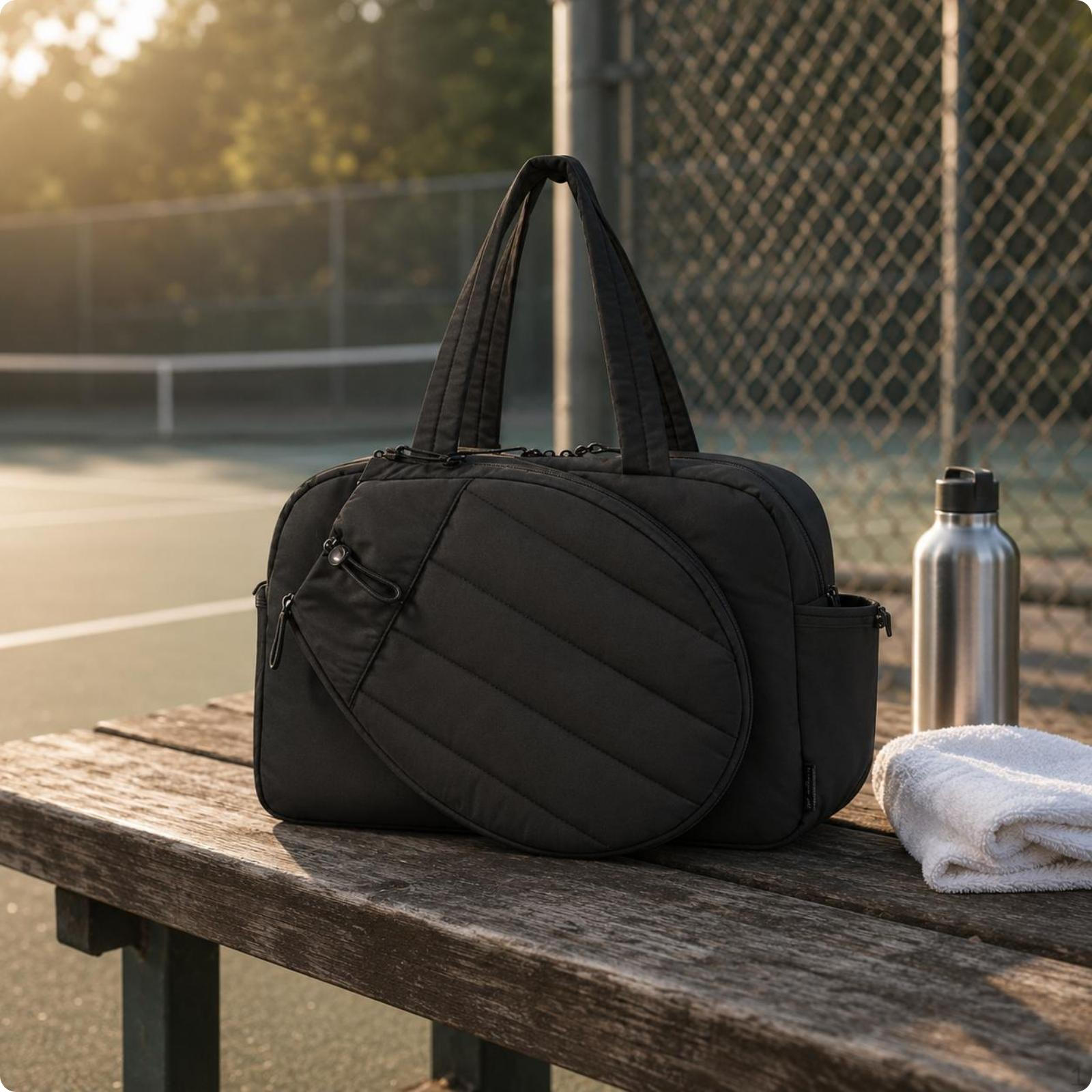 Padded Sports Tote Bag Quilted Tennis Adjustable Shoulder Strap Black