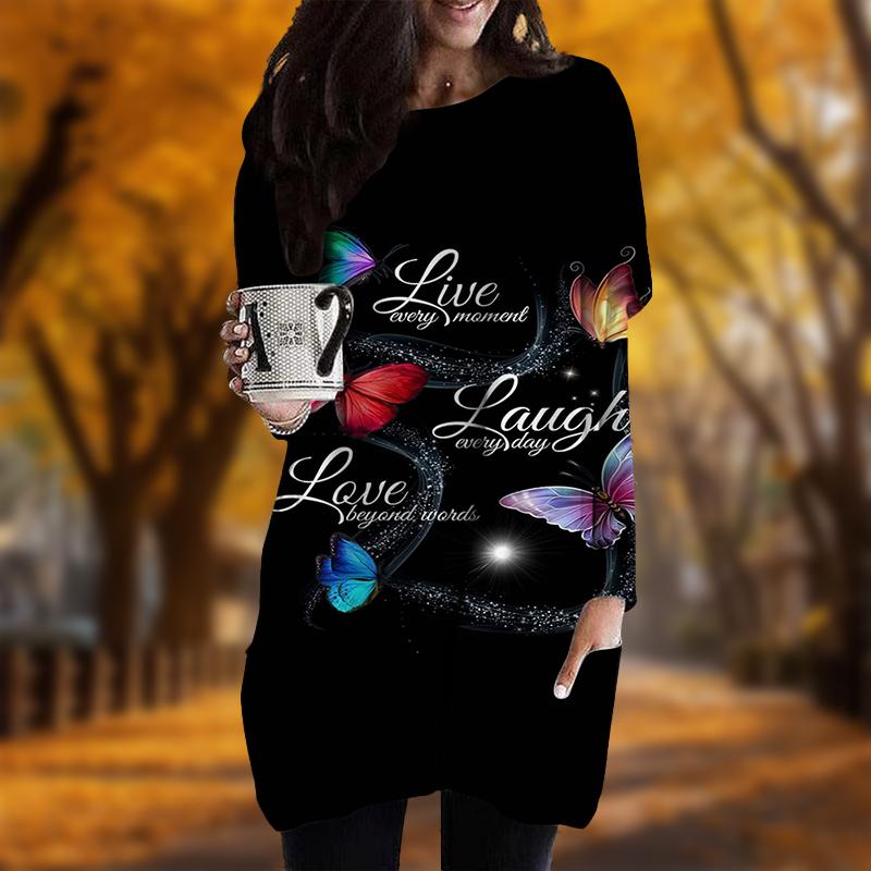 Neu im Herbst Buchstaben Schmetterling Print Übergröße Kleid Damen O-Ausschnitt Lange Ärmel Lässig Taschenkleider