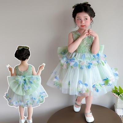 Vestito estivo da bambina 2026 Fata Fiore 3D Principessa - Spalline Sottili, Maniche a Bolle, Outfit Lolita per Compleanno