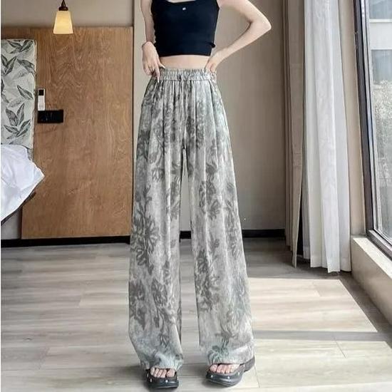 Women's Retro French Print Wide-Leg Ice Silk Pants - Flaw-Covering, Slimming, Thin & Loose Casual Drape Style