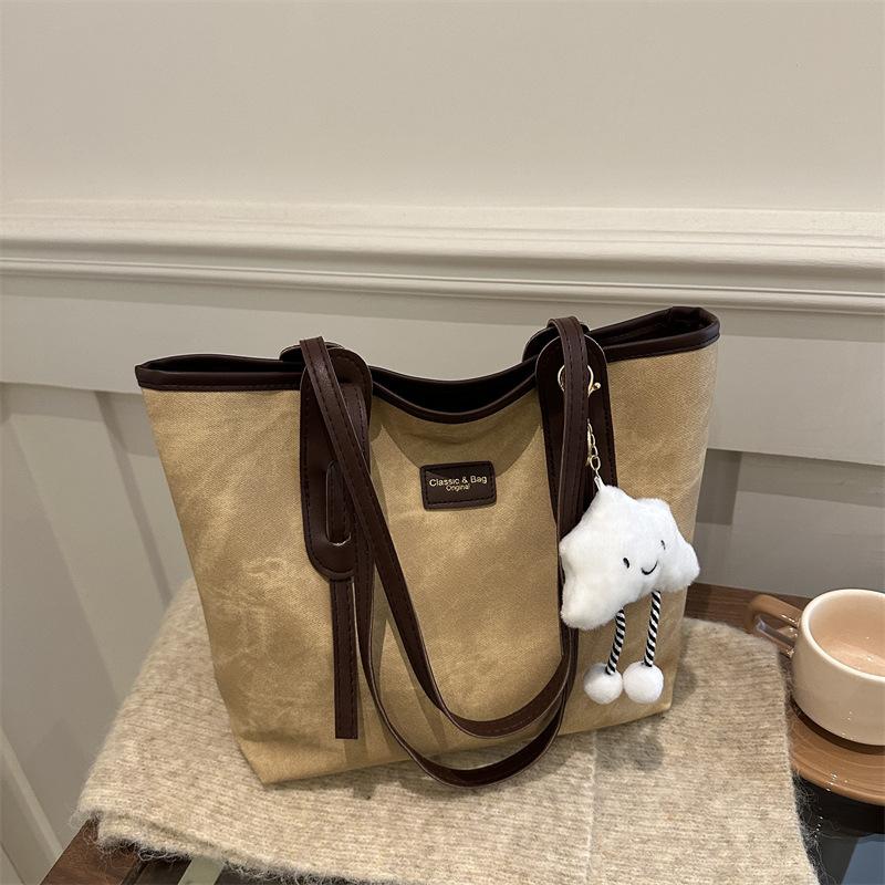 Retro Large-capacity Tote Bag Women's 2025 New Fashion Texture Shoulder Bag Simple Work Commuter Bag Splicing