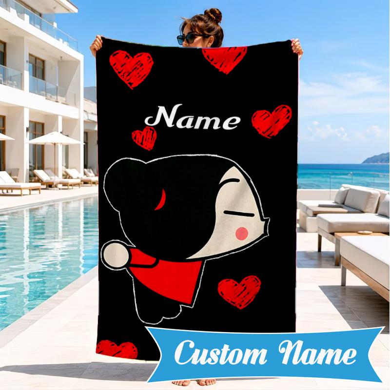 Custom Name Heartfelt Pucca Love Beach Towel Microfiber Beach Towel, Lightweight and Quick-Dry, for Summer Travel, Swimming Pool Gift