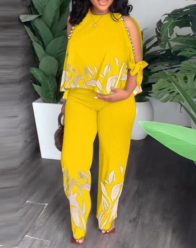 2023 Women's Round Neck Raglan Sleeve Beaded Print Long Pants Set Plus Size, European & American Style