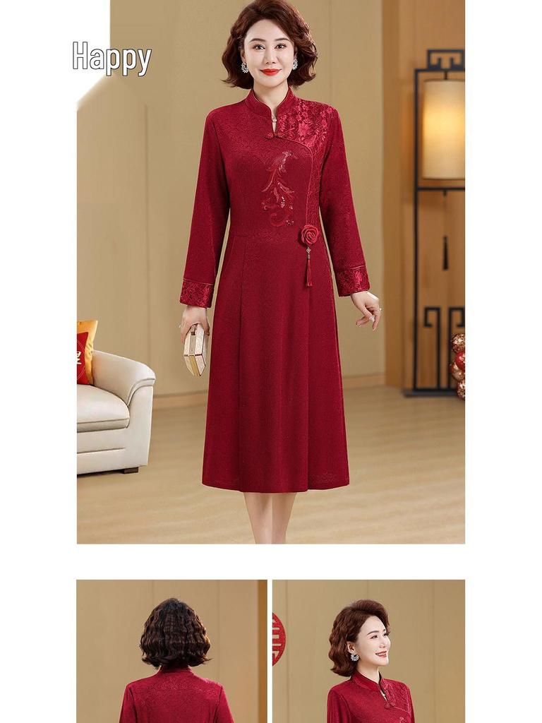 Elegant Long Qipao Wedding Dress for Mother of the Bride, Age 50+