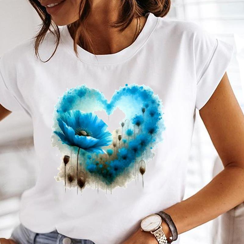 (Asian Size) lovely flower style Printed Tee Women Lady Female Top summer Clothing Casual T Shirt Fashion Graphic Short Sleeve T-shirts