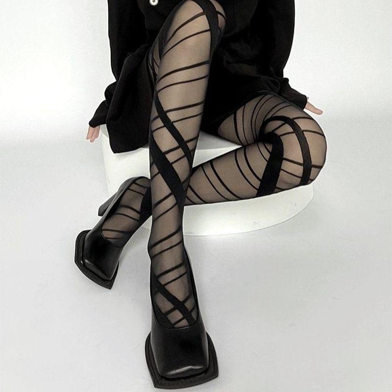 2 Pairs Cross Strappy Thigh High Hosiery High Waist Translucent Sexy Women's Irregular Fishnet Stockings