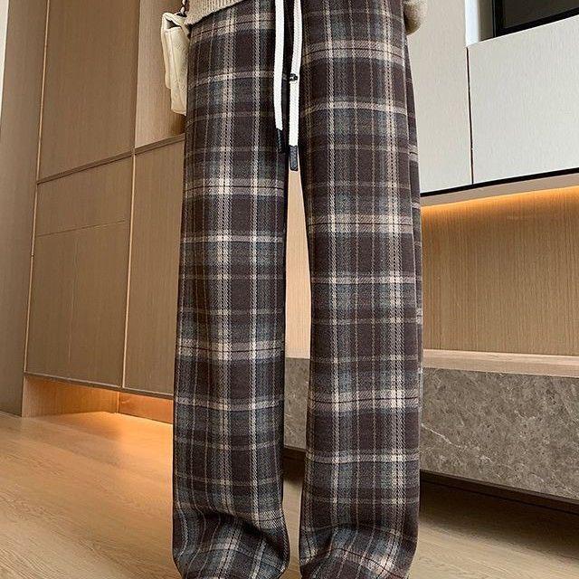 Plus Size High-Waisted Plaid Wide-Leg Pants: Fleece-Lined or Unlined, Autumn/Winter Edition