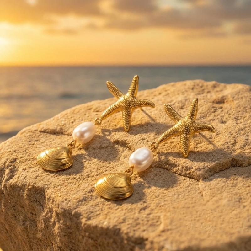 Bohemian Starfish Pearl Drop Earrings Vintage Gold Beach Jewelry For Women Summer Vacation Accessories