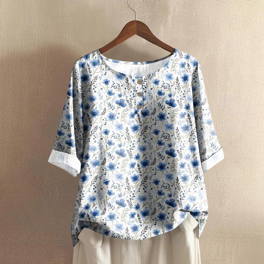 Women's Casual Mid-sleeve Round Neck Retro Floral Print Cotton And Linen Top