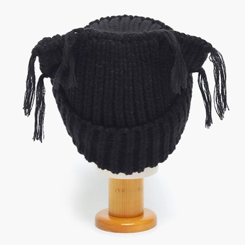Шапка-бини с рожками Wanggolji Китчевый вид Милая вязаная шапка с бахромой black