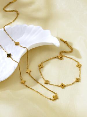 1 Stuk/Set Modetrend Eenvoudig 18k Verguld Roestvrij Staal Goud Geluksklaver Met Vallende Ster Ketting Armband Zirkoon Set