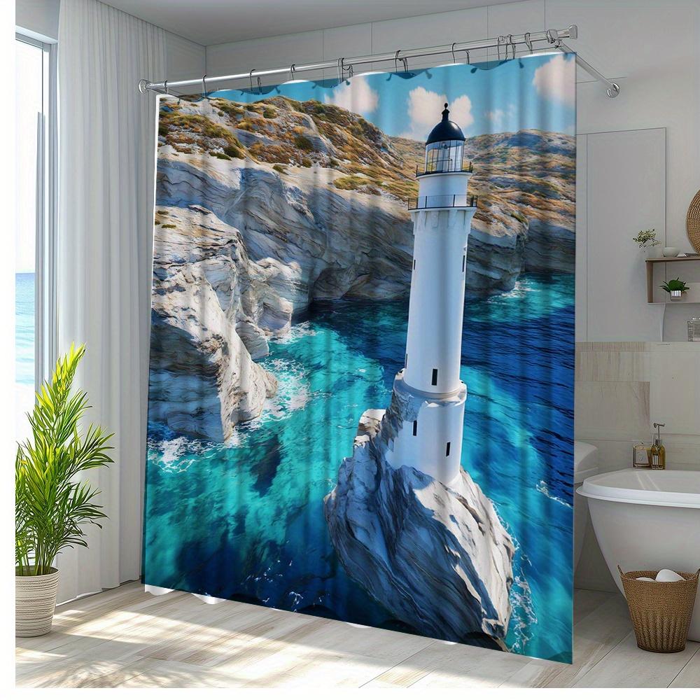 1pc Coastal Lighthouse Shower Curtain - Vibrant Ocean Scene with Rocky Cliffs & Turquoise Waters, Durable Polyester Fabric,