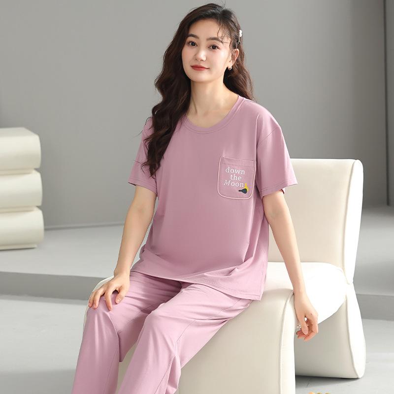 Pajamas with chest pads Women's summer thin Modal short-sleeved cropped pants Middle-aged mother loungewear cool suit