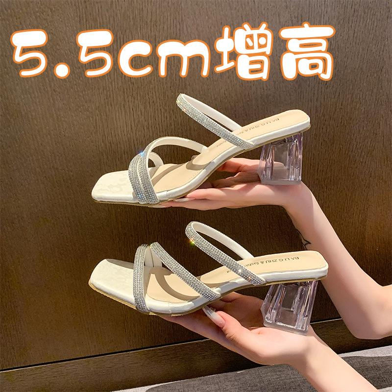 High-heeled rhinestone sandals girl 2025 spring new outer wear French transparent skirt crystal thick heel fairy slippers