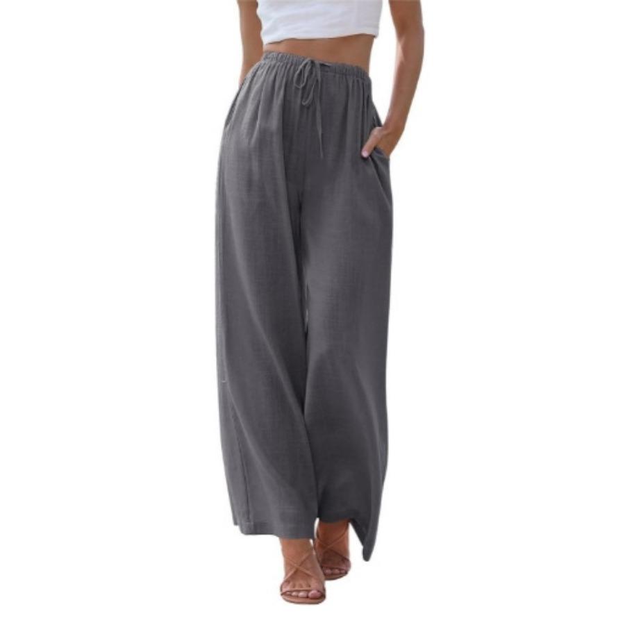 Pantaloni di grandi dimensioni da donna in cotone e lino, pantaloni larghi con elastico in vita, casual, con coulisse e tasche, a gamba larga