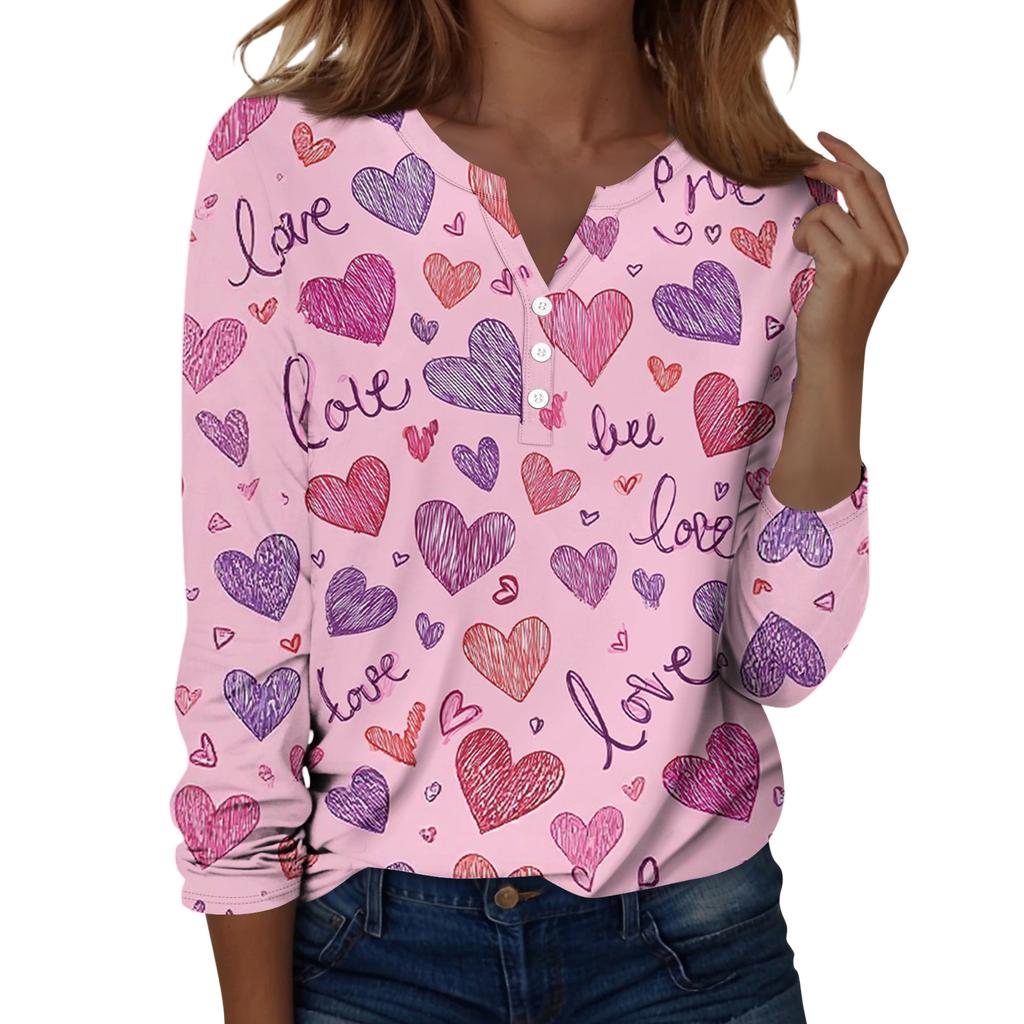 Damen T-Shirt mit Weihnachtsdruck, Knopfleiste, lange Ärmel, für den Alltag, Wochenende, modisch, Basic, V-Ausschnitt, normales Oberteil