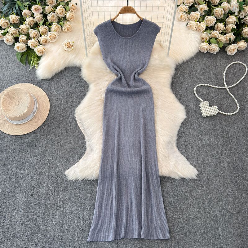 2024 Summer New Arrival Temperament Crew Neck Sleeveless Stretch Waist Hip-Lifting Knitting Dress Mermaid Dress Sheath Dress for Women