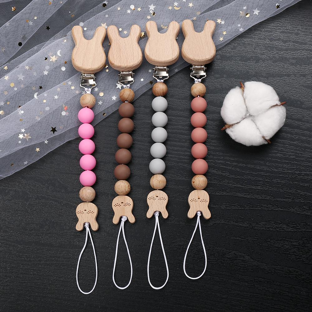 Cartoon Animal Beech Wooden Pacifier Baby Pacifier Clip Nipple Holder Dummy Holder Pacifier Clip for Baby Newborn Toys Accessory