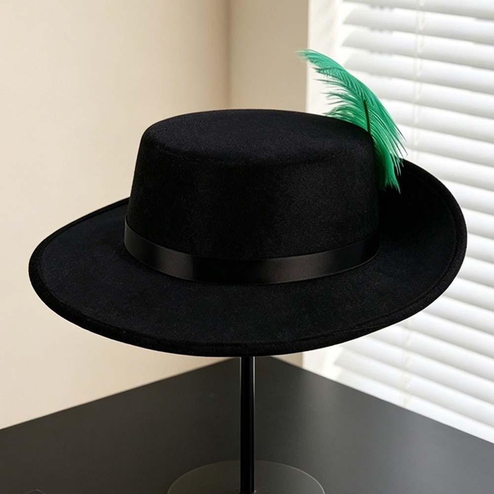 Felt Cavalier Top Hat Artificial Feather Flat Top Feather Stage Cap Retro Style Lightweight Masquerade Headwear Party