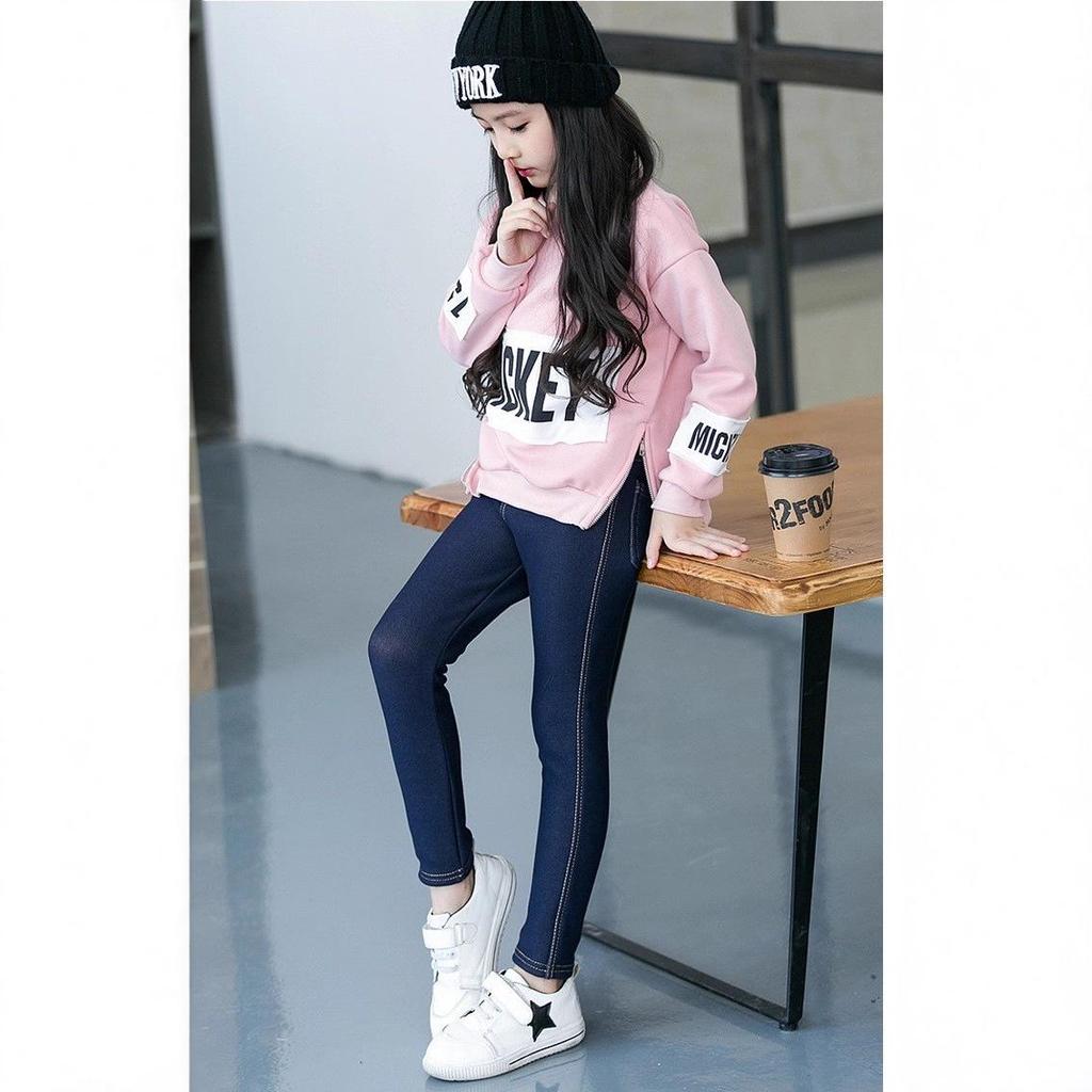 Girls' Korean-Style Warm Velvet Leggings for Autumn & Winter - Denim Look, Slim Fit for Kids