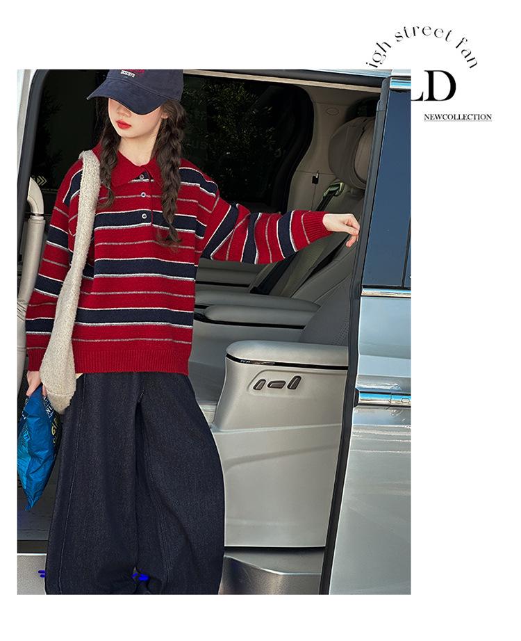 2025 Stickad polotröja med ränder för flickor - Höst/Vintermode för barn