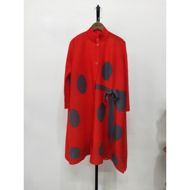 Stand Collar Pleated Dress 2023 Autumn Single Breasted Drawstring Dot Printing Festival Clothing Women Elegant