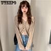 Women Knitted Tops Korean Style Spring Summer Loose V-neck Hollow Out Drawstring Pleated Short Candy-Colored Tops