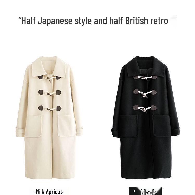 Women's Retro Toggle Wool Coat: Mid-Length Korean Preppy Style, Thickened for Autumn & Winter 2023