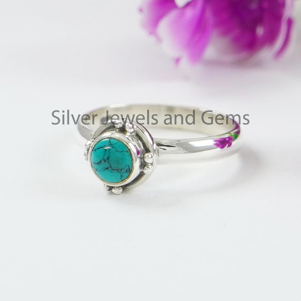 Round Turquoise Ring, Handmade Dainty Ring, 925 Sterling Silver Ring, Gift for Her, Designer Ring, December Birthstone