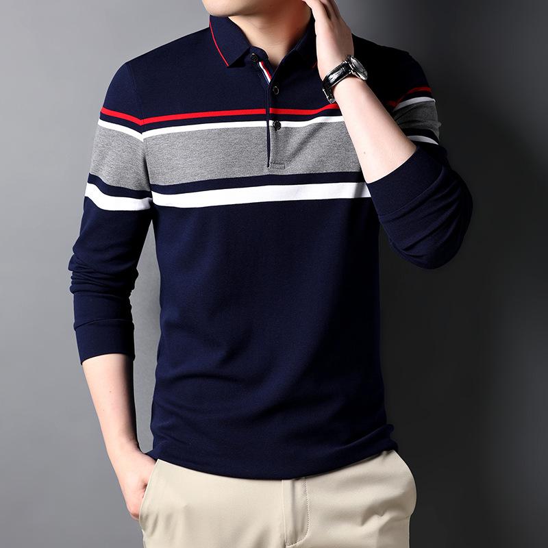 Men's Long-sleeved Striped T-shirt Autumn New Korean Style Color-blocked Lapel Polo Shirt Fashionable Men's T-shirt