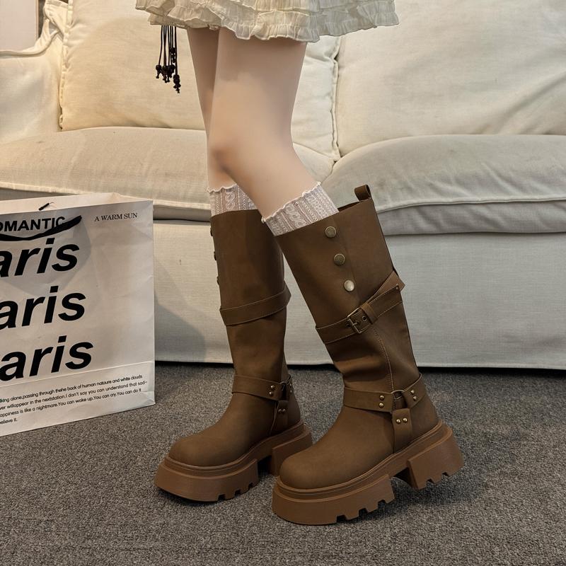 Winter Vintage Platform Woman Knight High Boots Fashion Belt Buckle Thick Sole Shoes Ladies Concise Punk Style Modern Long Botas