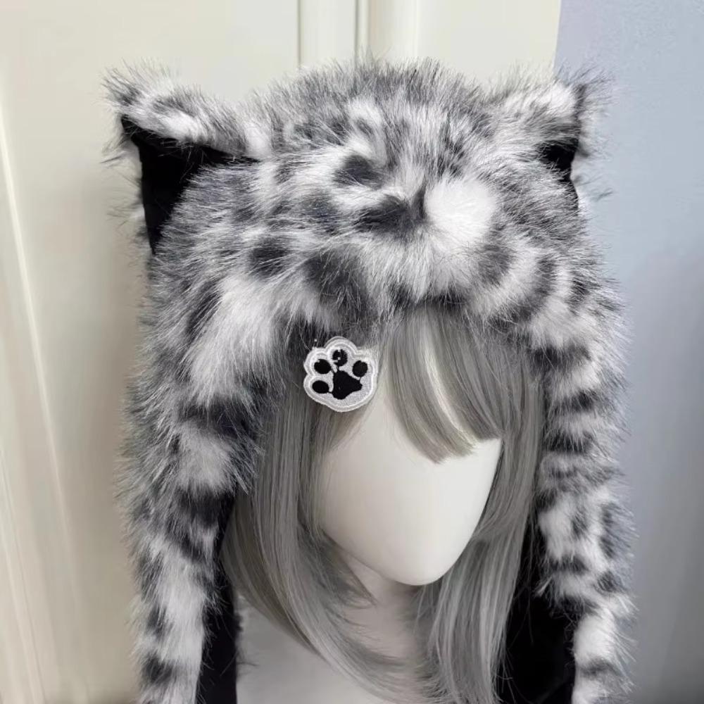 Thick Velvet Lined Ear Warmer Hat Snow Leopard Print Winter Head Hat  Ladies Women