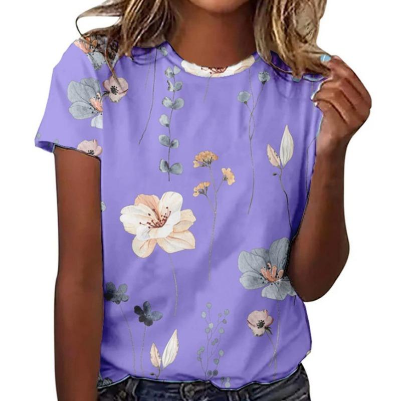 Summer Round Neck 3D Floral Pattern Printed Top Fashionable Casual Short Sleeved Women's T-shirts