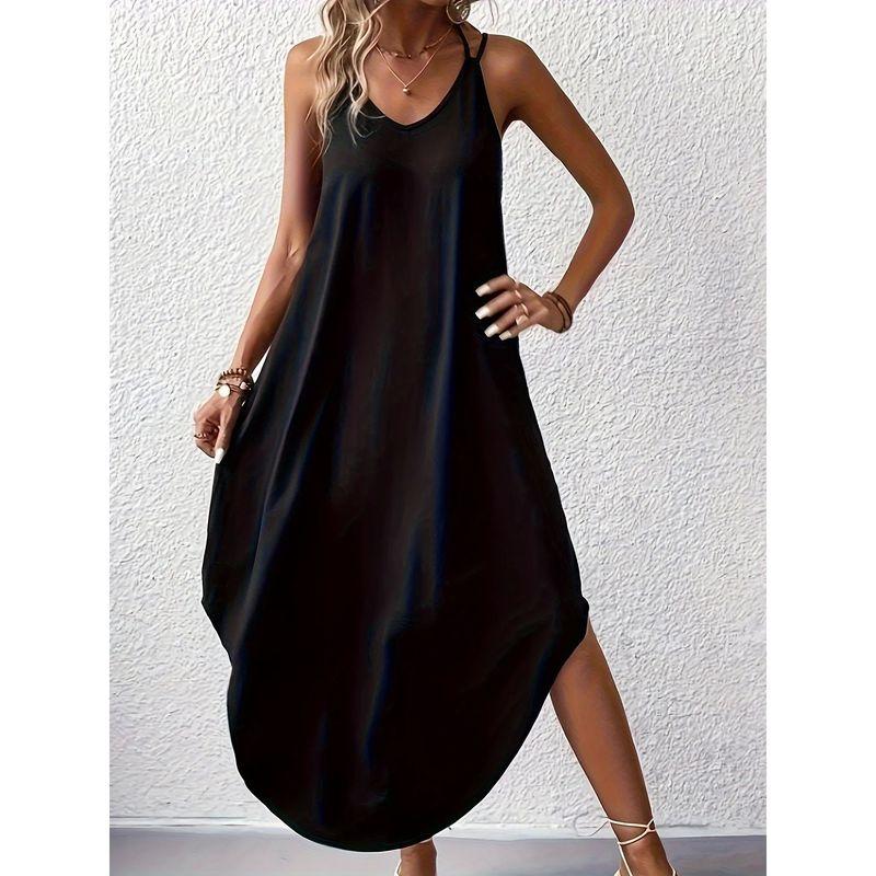 

Women s Solid Color Neck Strap Dress Women Pure Color Halter Lace-up Dress black S