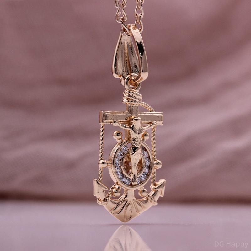 Fashion Hollowed Out Creative Boat Anchor Pendant Necklace Artificial Zircon Rose Gold Color Italian Craft Retro Style Necklace