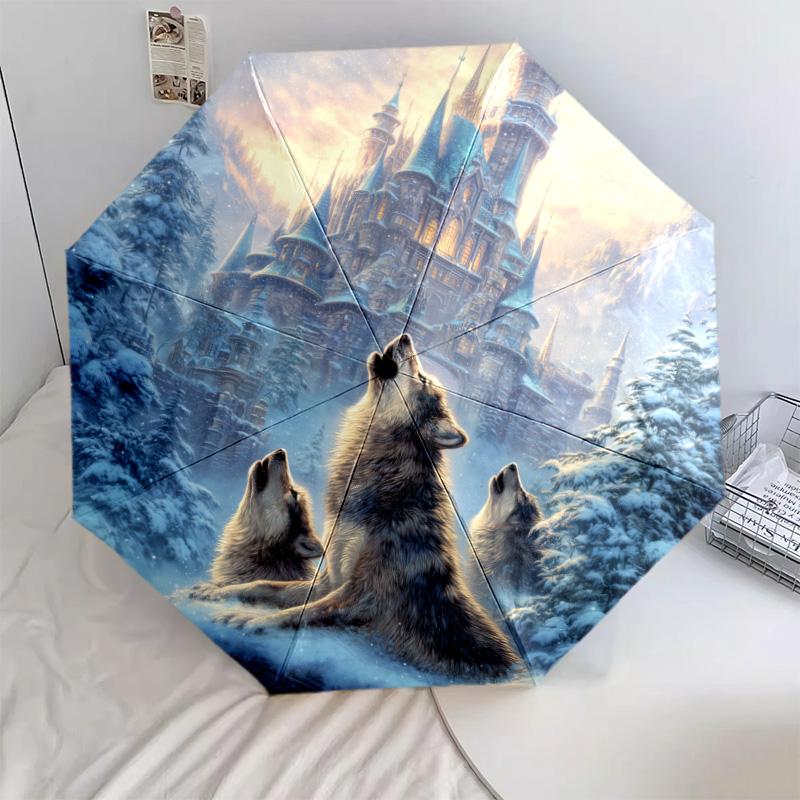 Wolfsmuster, automatisch faltbarer Regenschirm, tragbares und faltbares Design, 8 Rippen, ein Weihnachts- oder Geburtstagsgeschenk.